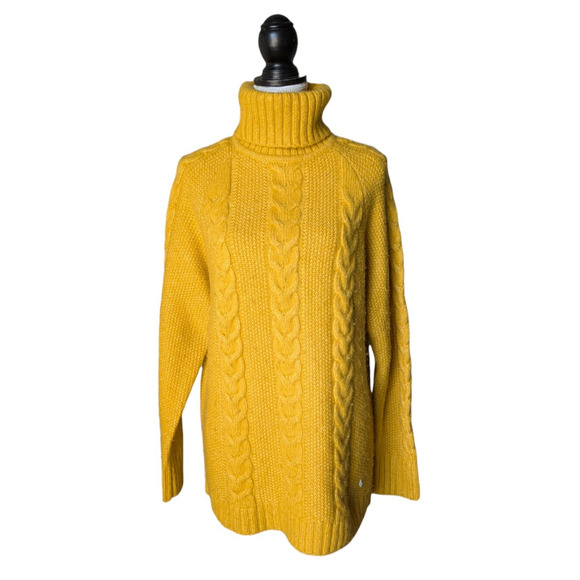 Kari Traa Mustard Yellow Cable Knit Turtleneck Sweater Size Large Wool Blend - Picture 1 of 7